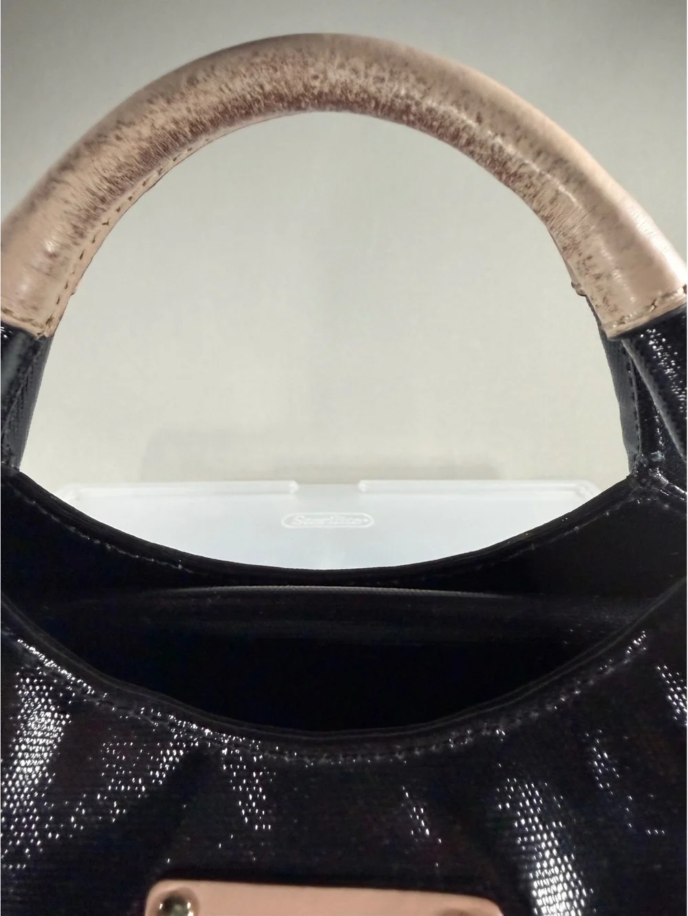 Kate Spade New York Black Patent Leather Tote Bag with Beige Handles
